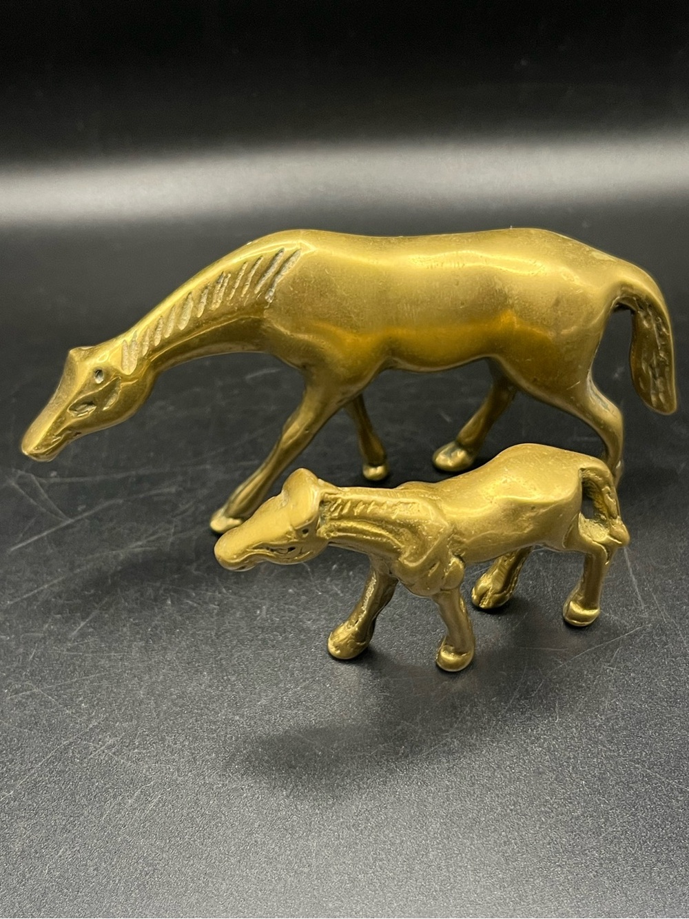 Vintage Mid-Century Solid Brass Mare & Foal Figurine Set